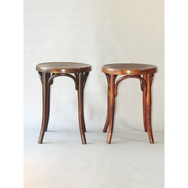 Pair of vintage bistro stools with wooden seat by Kohn and Thonet, 1900
