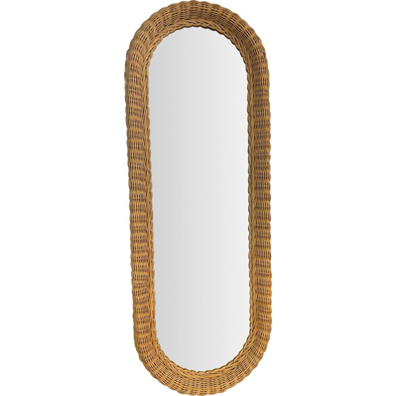 Vintage oval woven wicker mirror, 1970