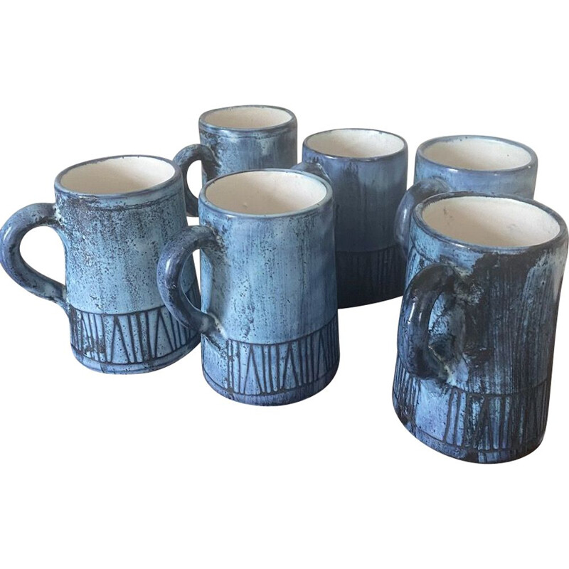 Set of 6 vintage mugs by Jacques Pouchain for Atelier Dieulefit, 1950