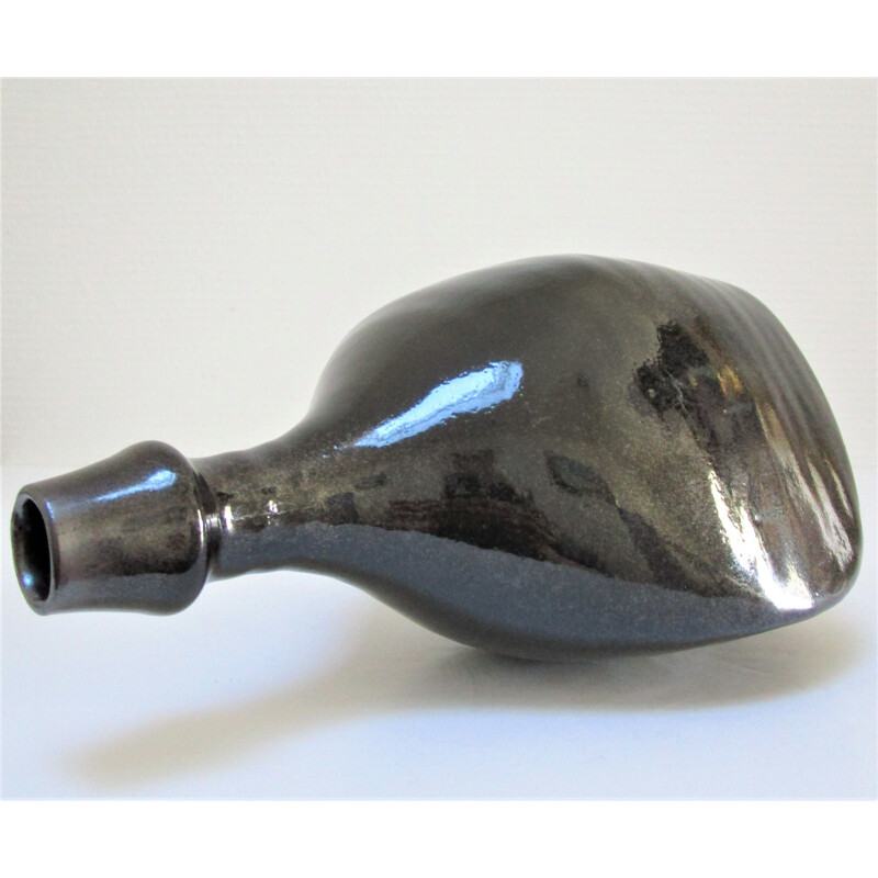 Vintage Les Cyclades Anduze black glazed stoneware bottle vase by Roland Zobel, 1970-1980