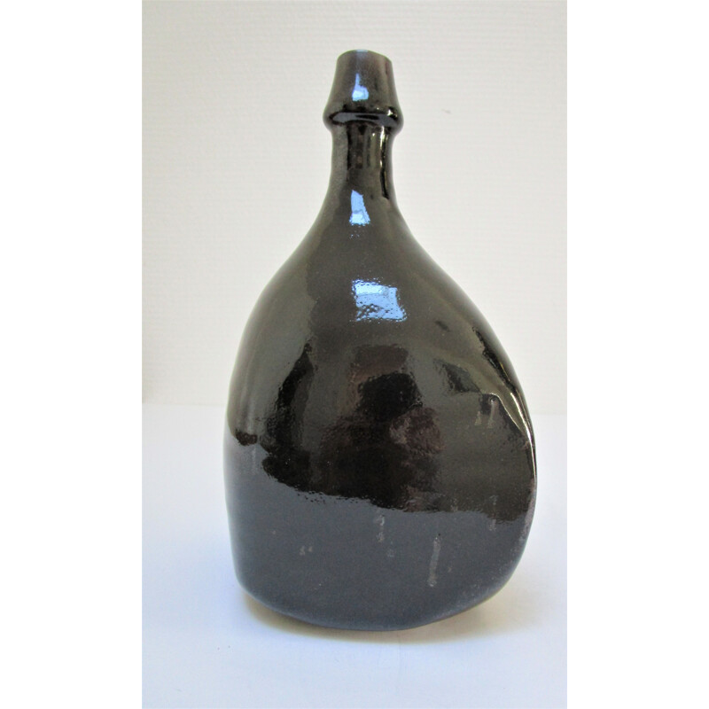 Vase bouteille vintage Les Cyclades Anduze en grès émaillé noir par Roland Zobel, 1970-1980