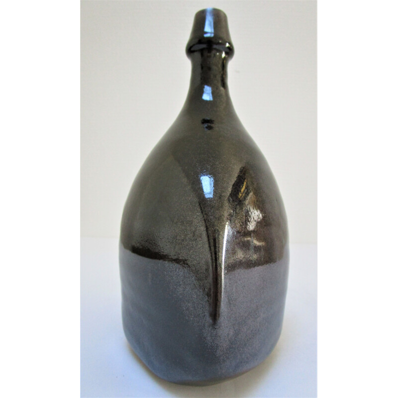 Vase bouteille vintage Les Cyclades Anduze en grès émaillé noir par Roland Zobel, 1970-1980