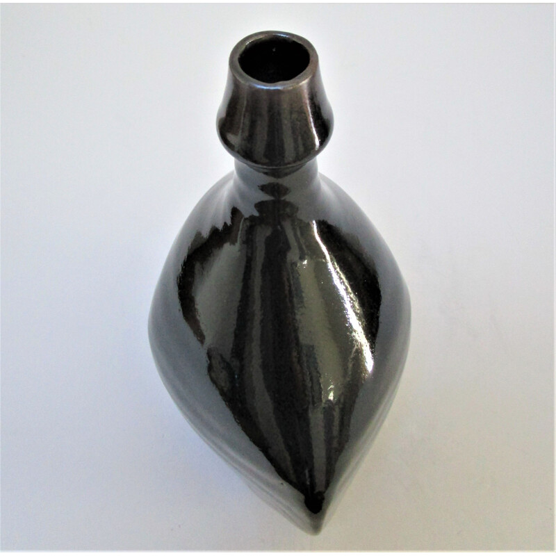 Vase bouteille vintage Les Cyclades Anduze en grès émaillé noir par Roland Zobel, 1970-1980