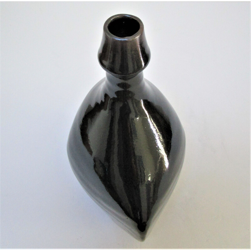 Vintage Les Cyclades Anduze black glazed stoneware bottle vase by Roland Zobel, 1970-1980