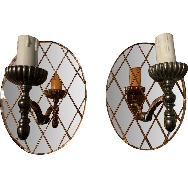 Pair of vintage Italian mirrored glass wall lamps