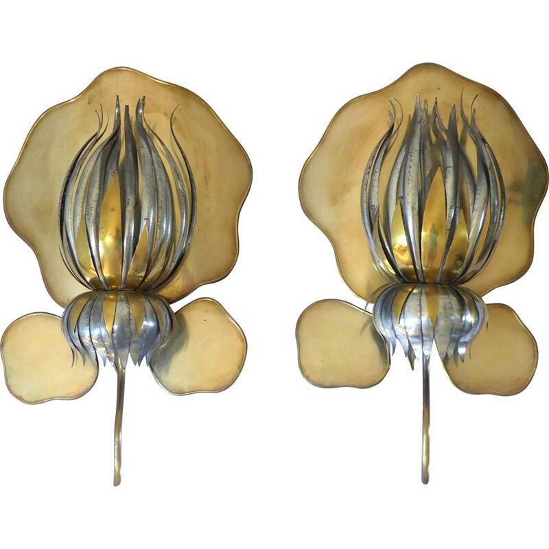 Pair of vintage lotus flower wall lamps in metal
