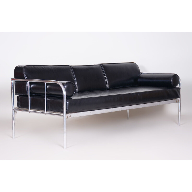 Vintage black leather sofa by Vichr & Co., 1930s