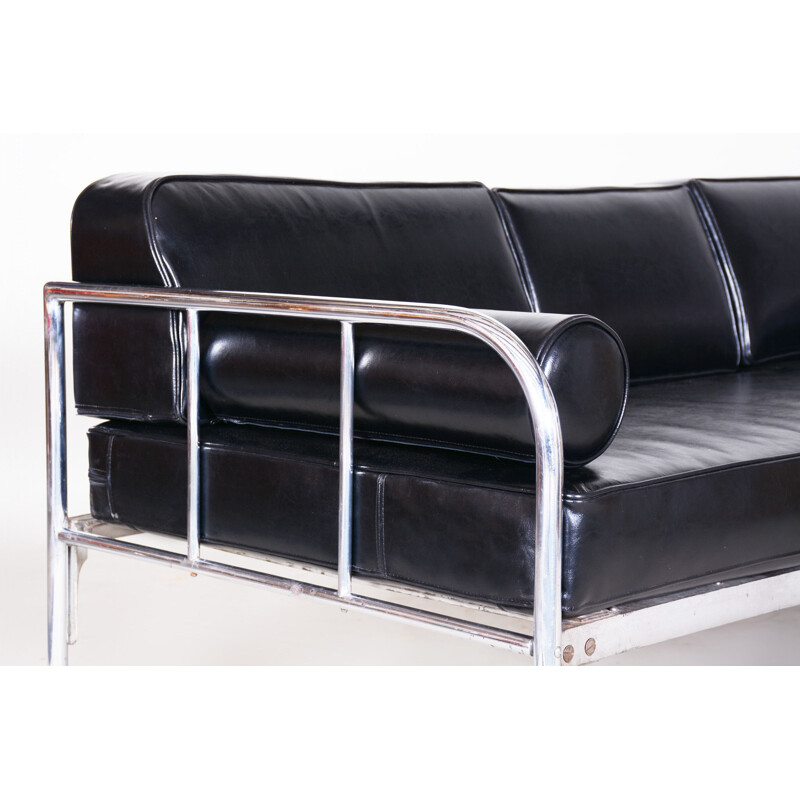 Vintage black leather sofa by Vichr & Co., 1930s