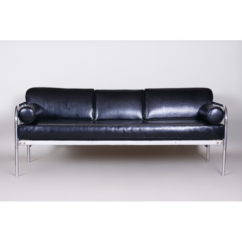 Vintage black leather sofa by Vichr & Co., 1930s