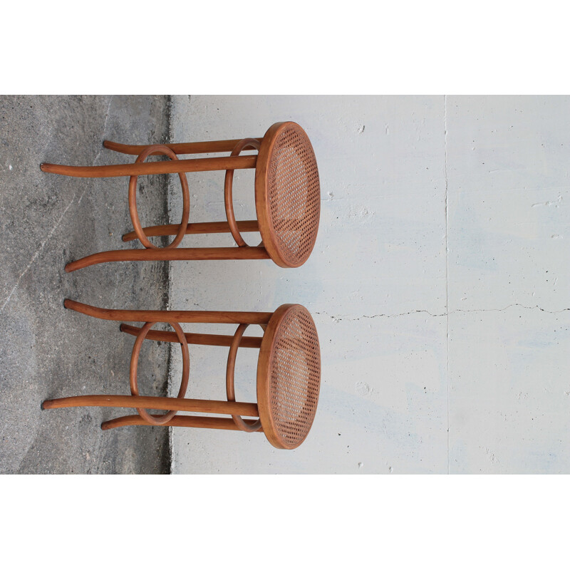 Pair of vintage bar stools in beech wood and cane, 1980