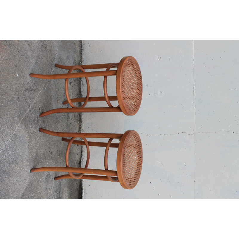 Pair of vintage bar stools in beech wood and cane, 1980