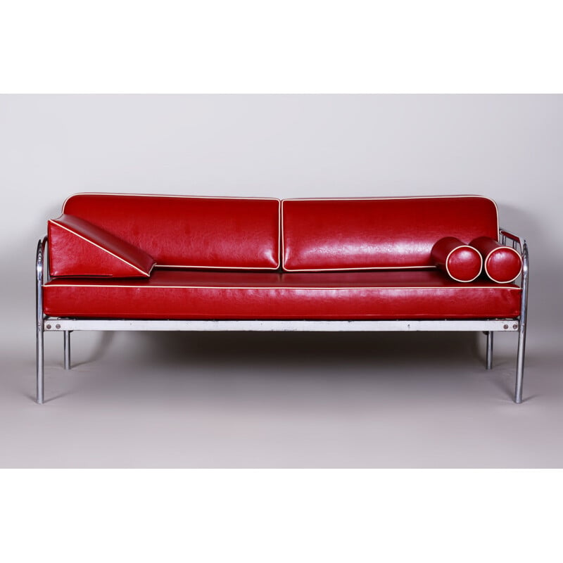Vintage red leather sofa by Vichr & Co., 1930s