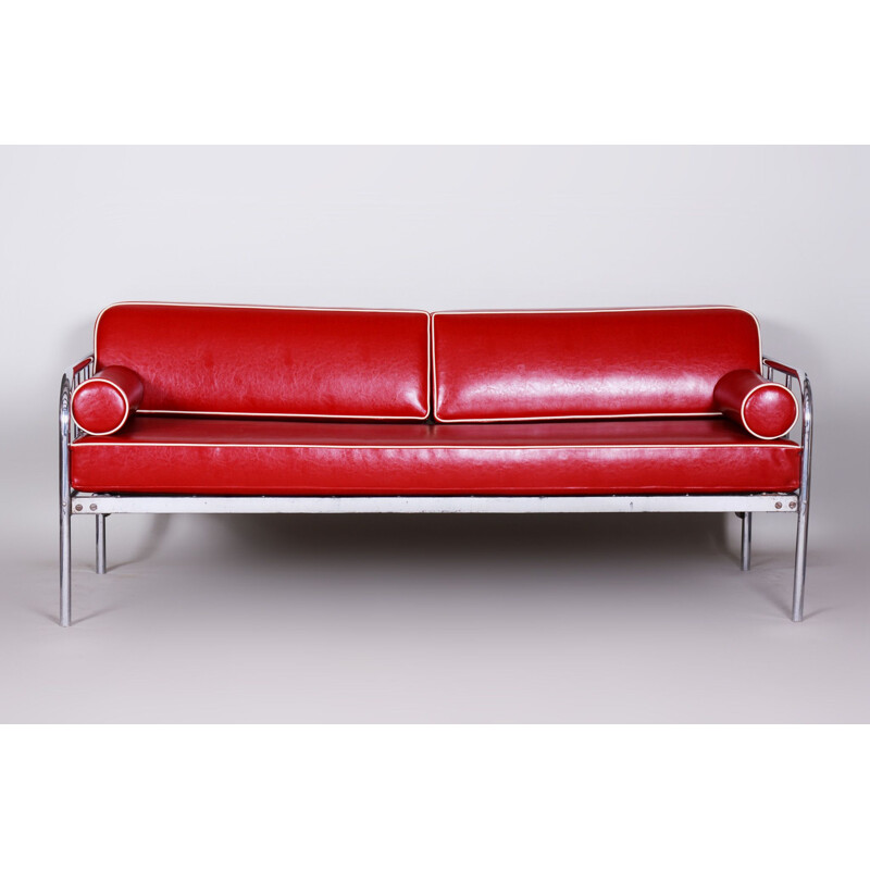 Vintage red leather sofa by Vichr & Co., 1930s