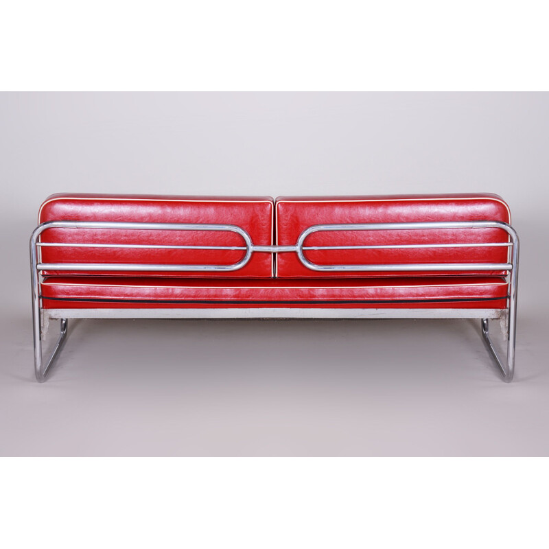 Vintage red leather sofa by Hynekk Gottwald, 1930s