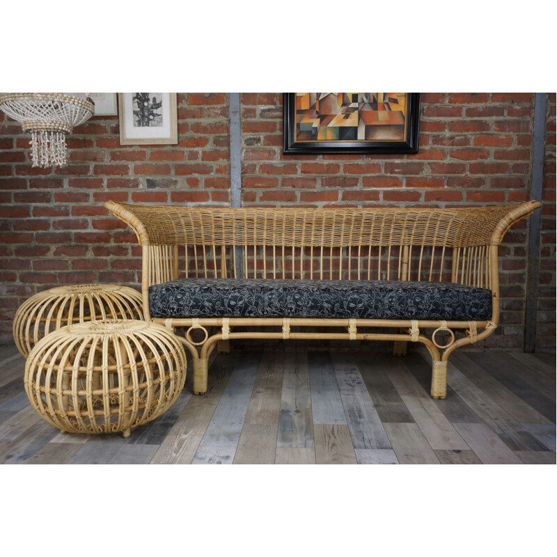 Vintage rattan ottoman by Franco Albini, 1950s