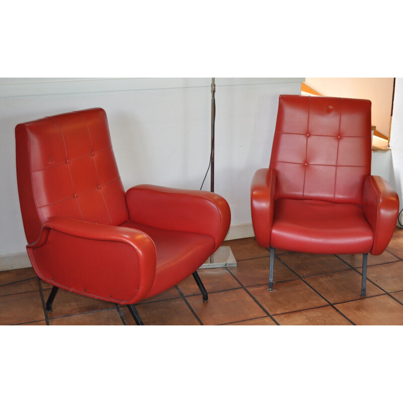 Italian pair of armchairs in red leatherette - 1950s