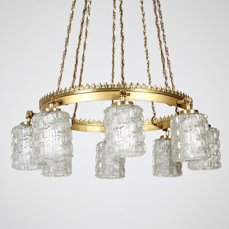 Vintage glass and metal chandelier with  roundish brass frame, 1970s