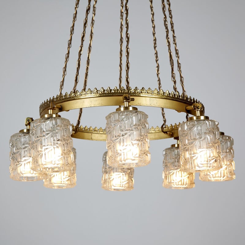 Vintage glass and metal chandelier with  roundish brass frame, 1970s