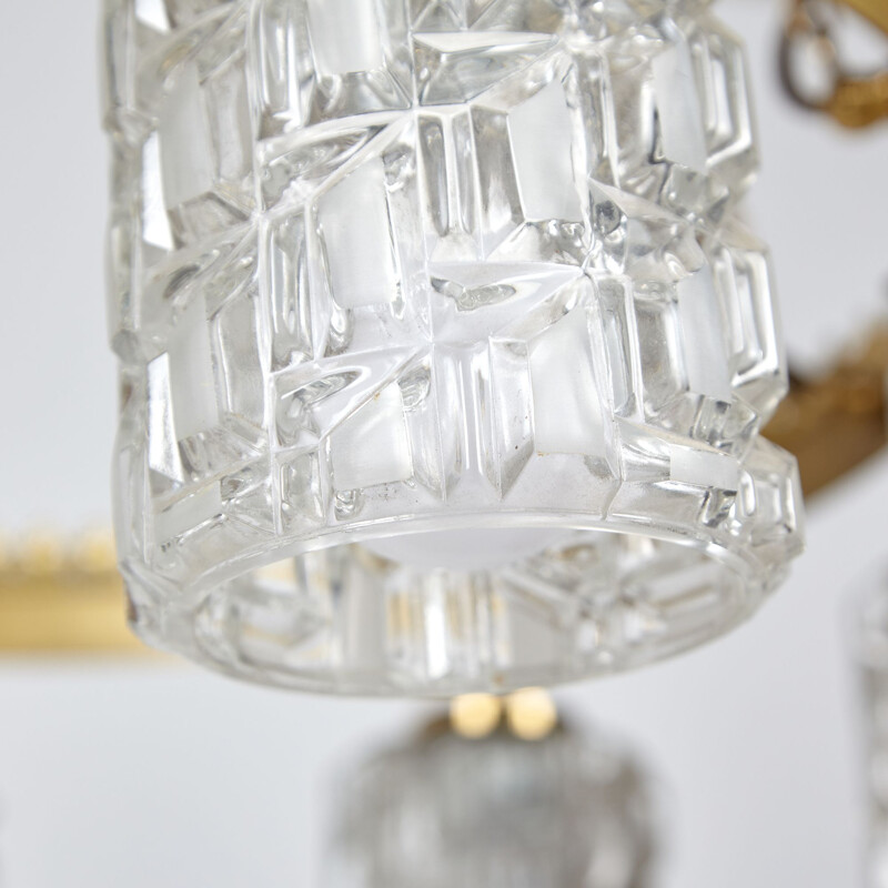 Vintage glass and metal chandelier with  roundish brass frame, 1970s