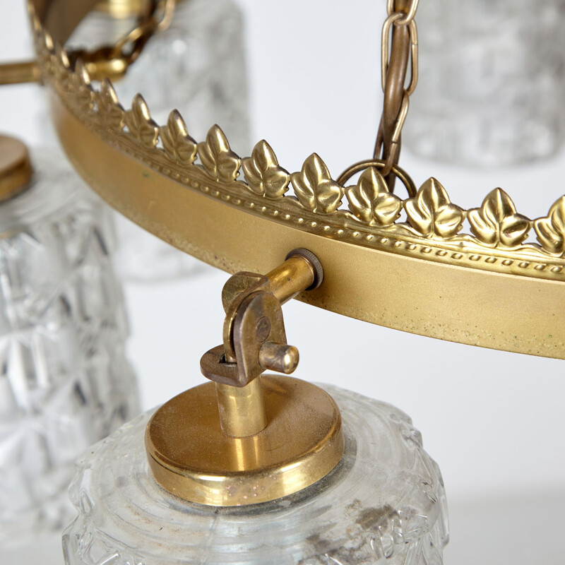 Vintage glass and metal chandelier with  roundish brass frame, 1970s