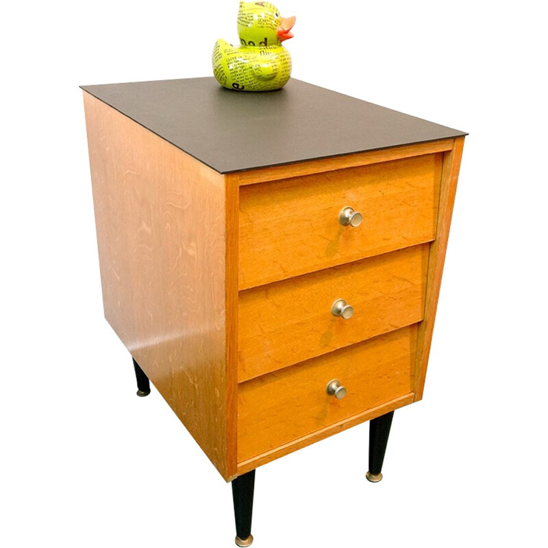 Petit meuble vintage en bois et laiton à 3 tiroirs - 1950