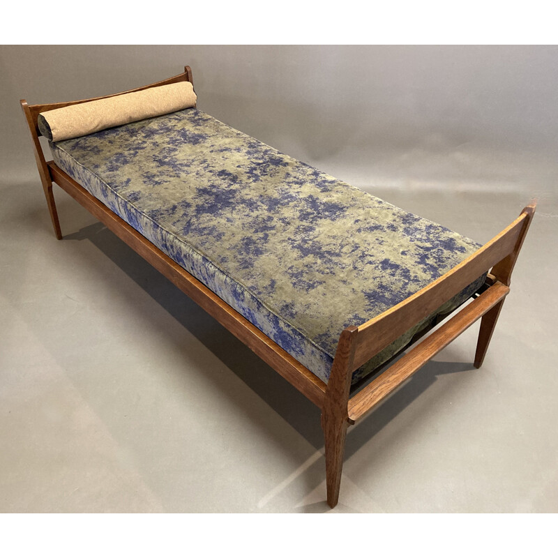 Sofá cama vintage de roble y terciopelo y corcho caqui, 1950