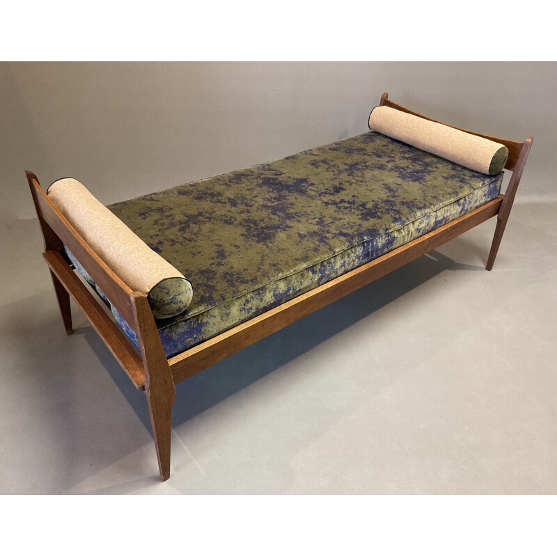 Sofá cama de carvalho vintage e veludo e cortiça cáqui, 1950