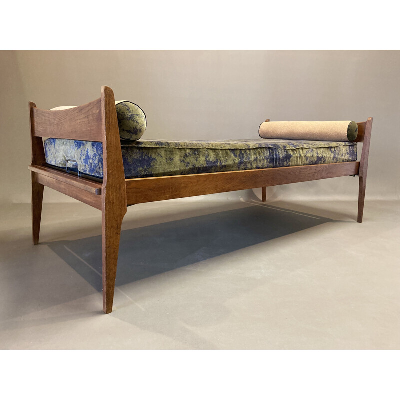 Sofá cama vintage de roble y terciopelo y corcho caqui, 1950