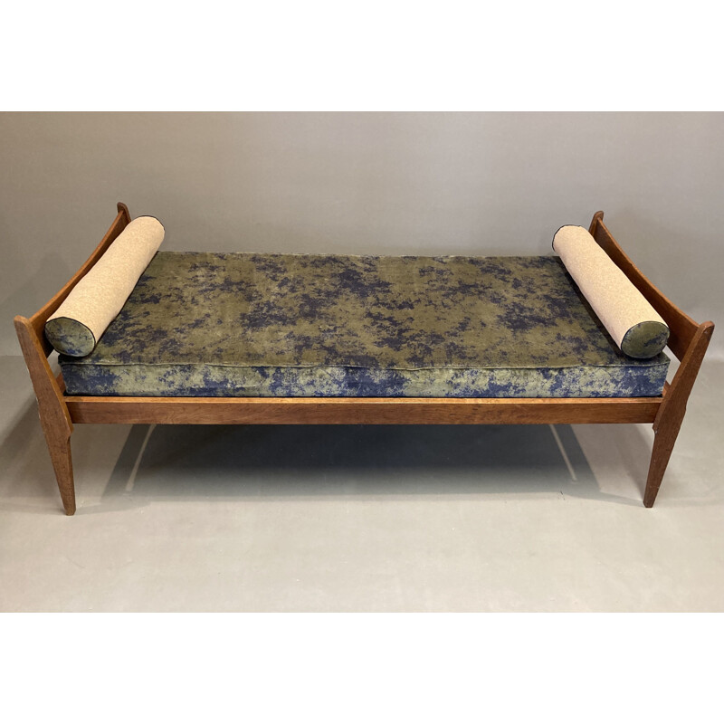 Vintage velvet and khaki cork oakwooden sofa bed, 1950s