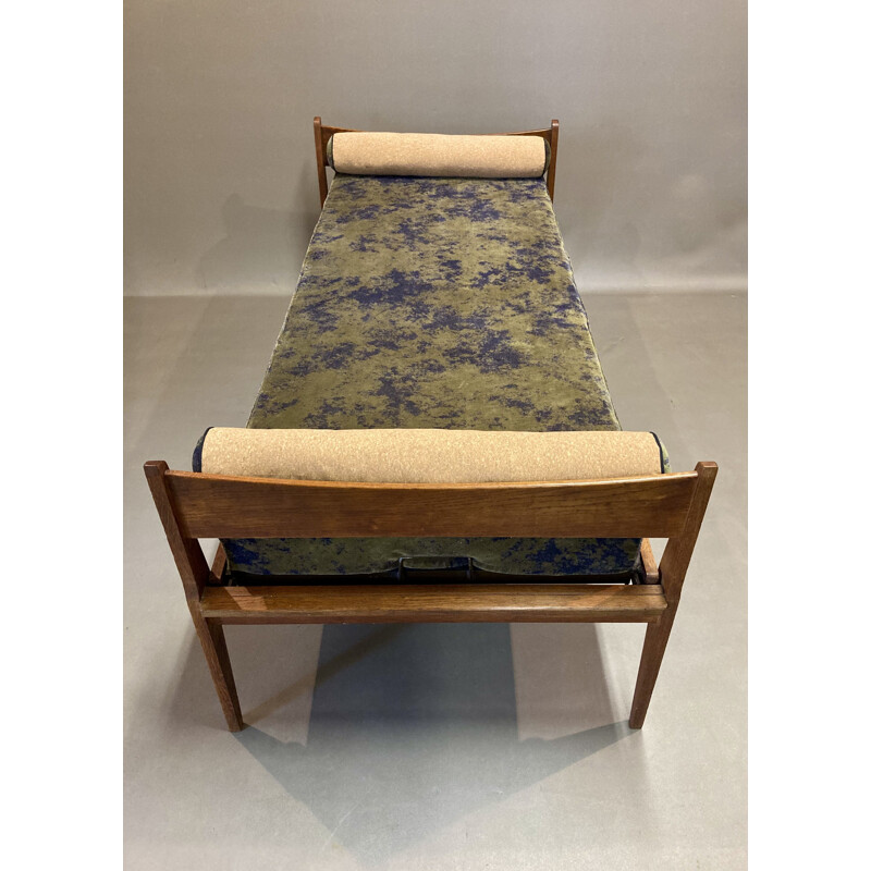 Sofá cama de carvalho vintage e veludo e cortiça cáqui, 1950