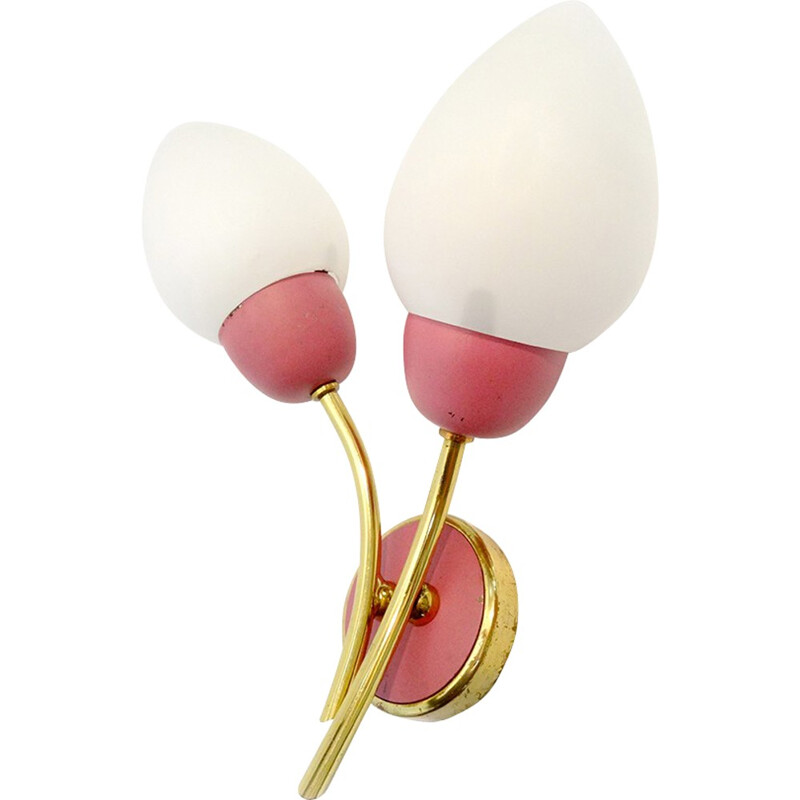 Double wall lamp in brass and lacquered raspberry - 1960s