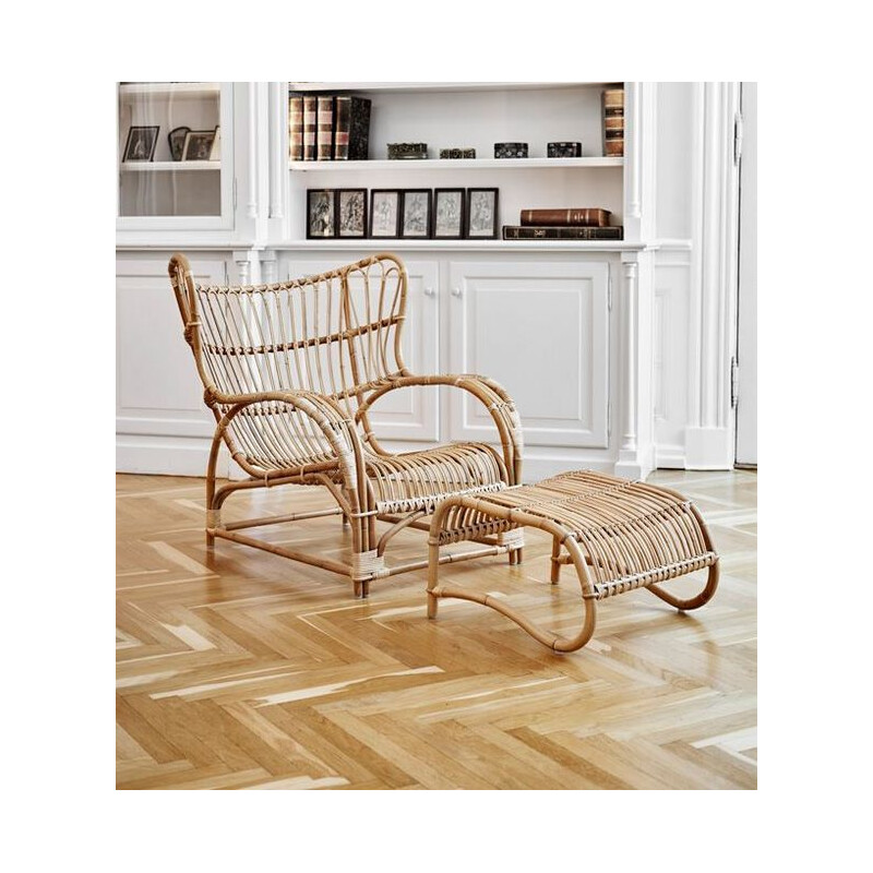 Vintage rattan armchair and an ottoman Teddy model by Viggo Boesen, 1930s