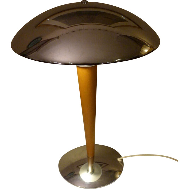 Mushroom table lamp in chromed metal and wood - 1980s