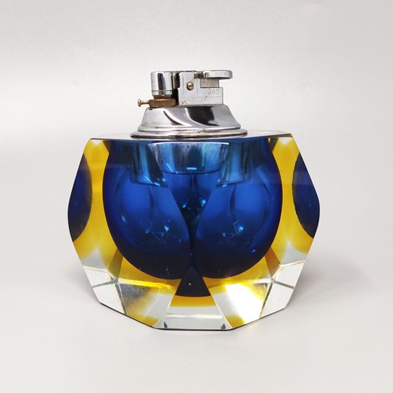 Vintage blue and yellow table lighter in Murano Sommerso glass by Flavio Poli for Seguso,1960s