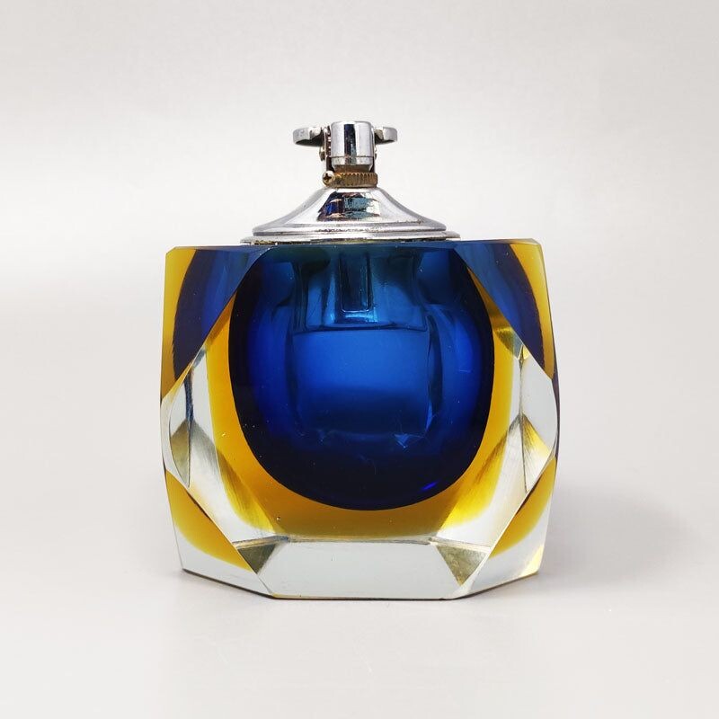 Vintage blue and yellow table lighter in Murano Sommerso glass by Flavio Poli for Seguso,1960s