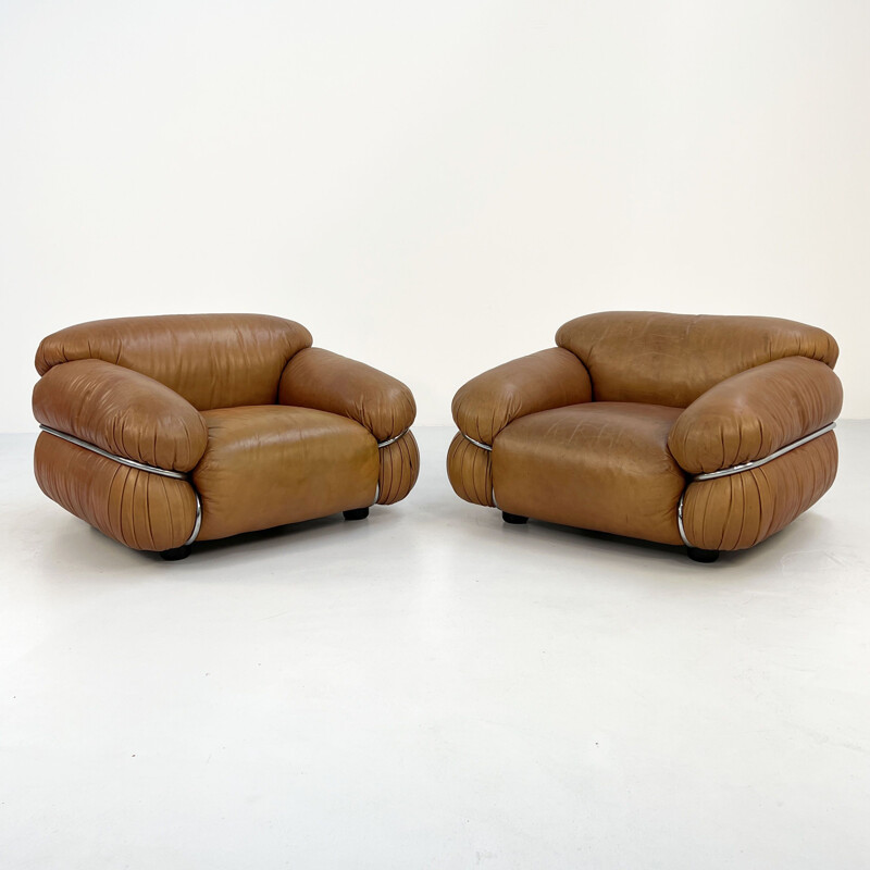 Vintage camel leather Sesann armchairs by Gianfranco Frattini for Cassina, 1970s