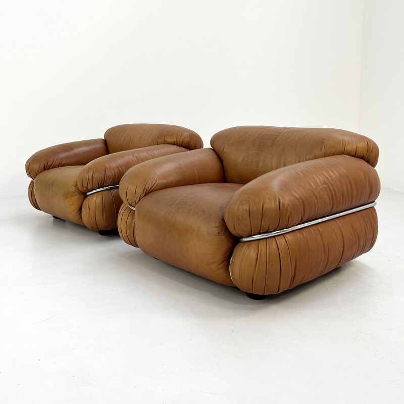 Vintage camel leather Sesann armchairs by Gianfranco Frattini for Cassina, 1970s