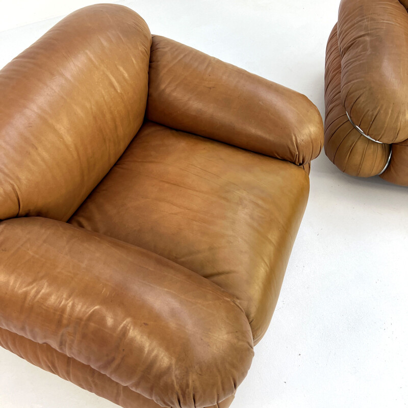 Vintage camel leather Sesann armchairs by Gianfranco Frattini for Cassina, 1970s