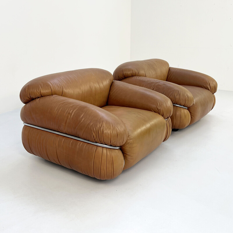 Vintage camel leather Sesann armchairs by Gianfranco Frattini for Cassina, 1970s