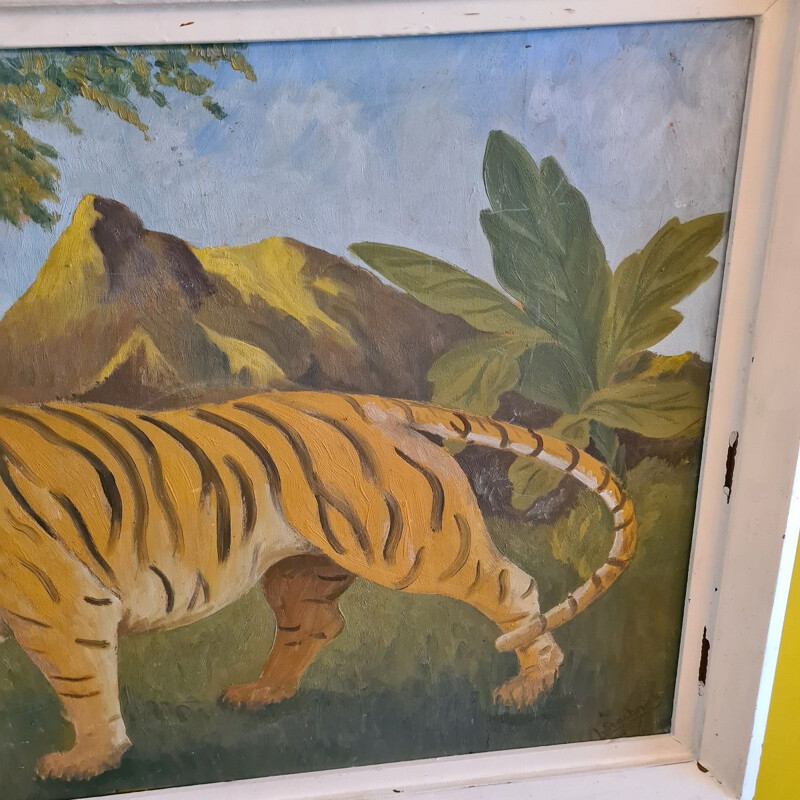 Peinture vintage d 'un tigre sur contreplaqué, 1950