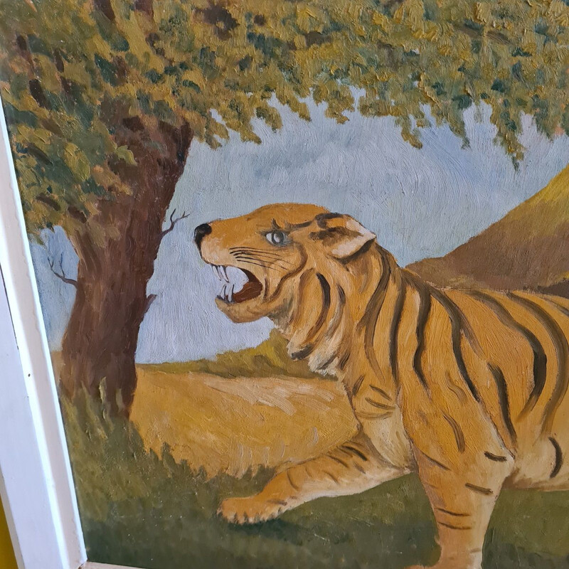 Pintura vintage de un tigre sobre madera contrachapada, 1950