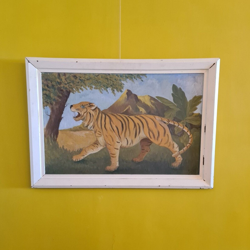 Pintura vintage de um tigre sobre contraplacado, 1950