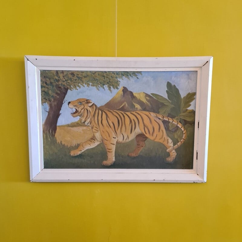 Quadro d'epoca di una tigre su compensato, 1950
