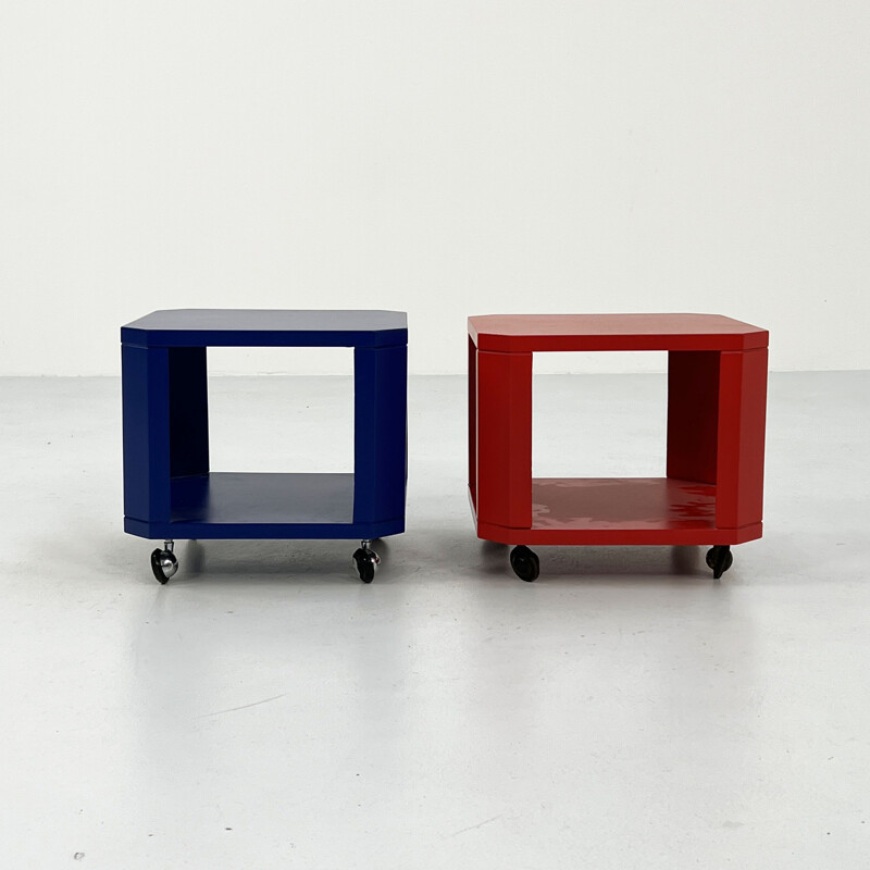 Pair of vintage colourful side tables on wheels, 1980s