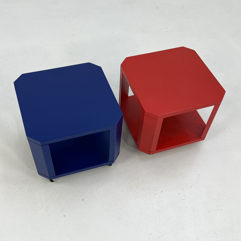 Pair of vintage colourful side tables on wheels, 1980s