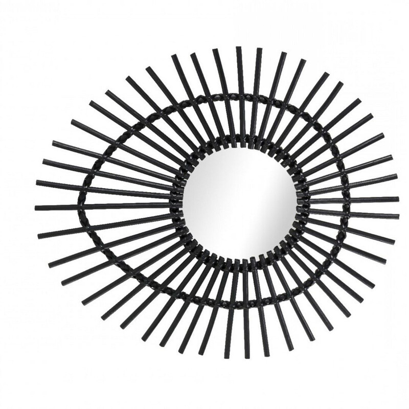Vintage black lacquered rattan mirror of free form