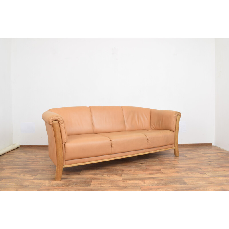 Vintage oak and leather 3-seater sofa, Denmark 1970