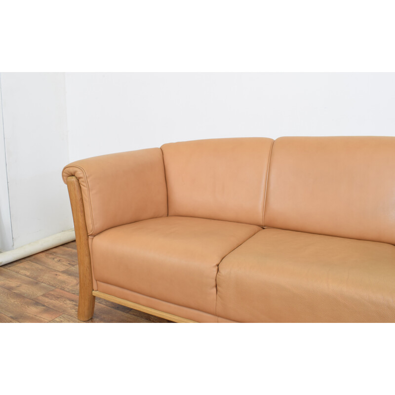 Vintage oak and leather 3-seater sofa, Denmark 1970