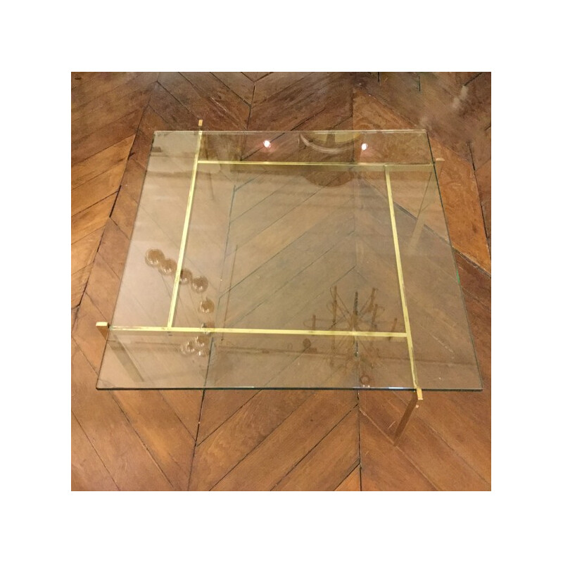 Vintage square coffee table with glass top - 1960s