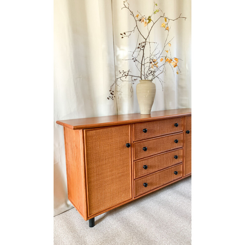 Mid-century rattan long sideboard cabinet, 1970s